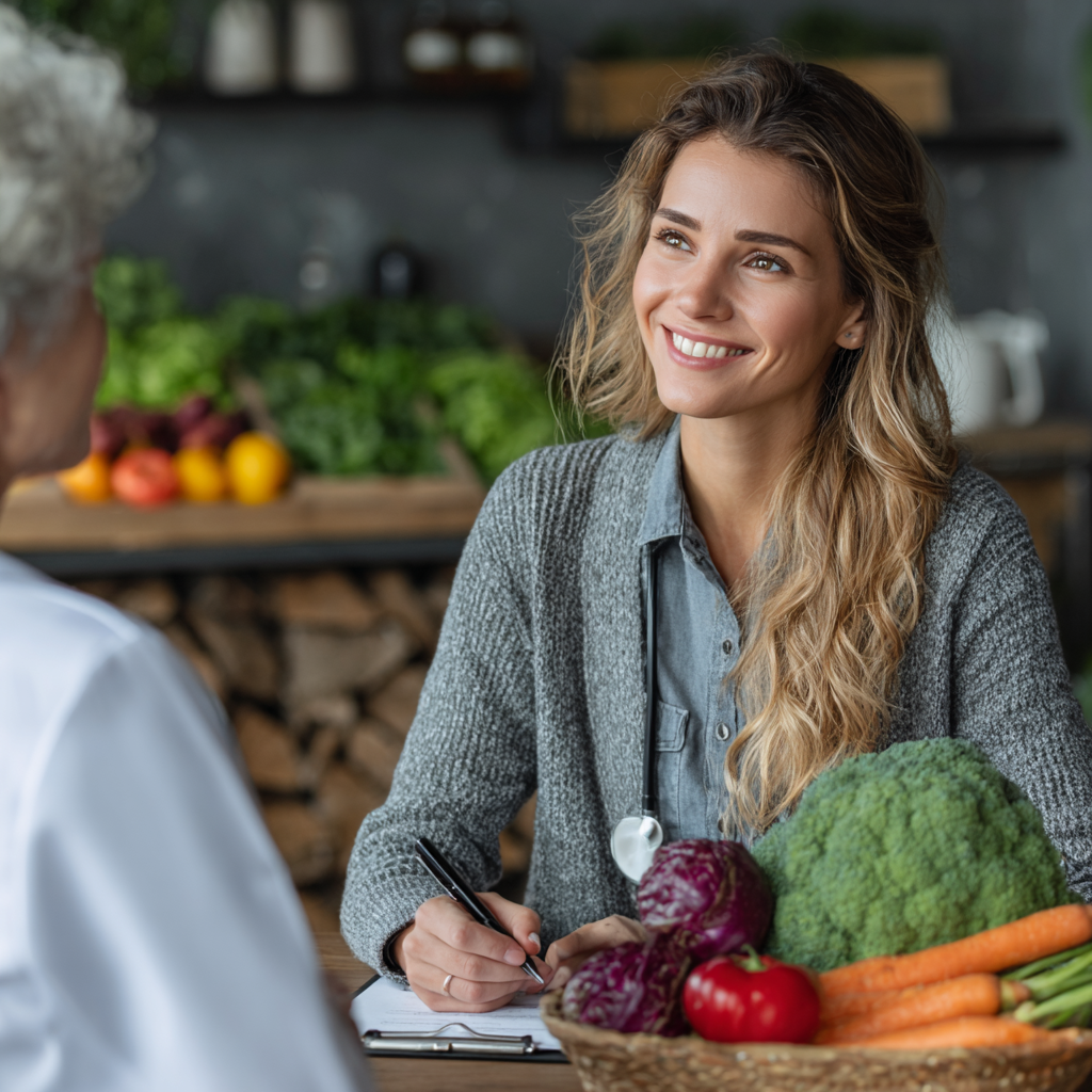 Нутріціолог надає консультацію і розбирає продуктовий кошик клінтки